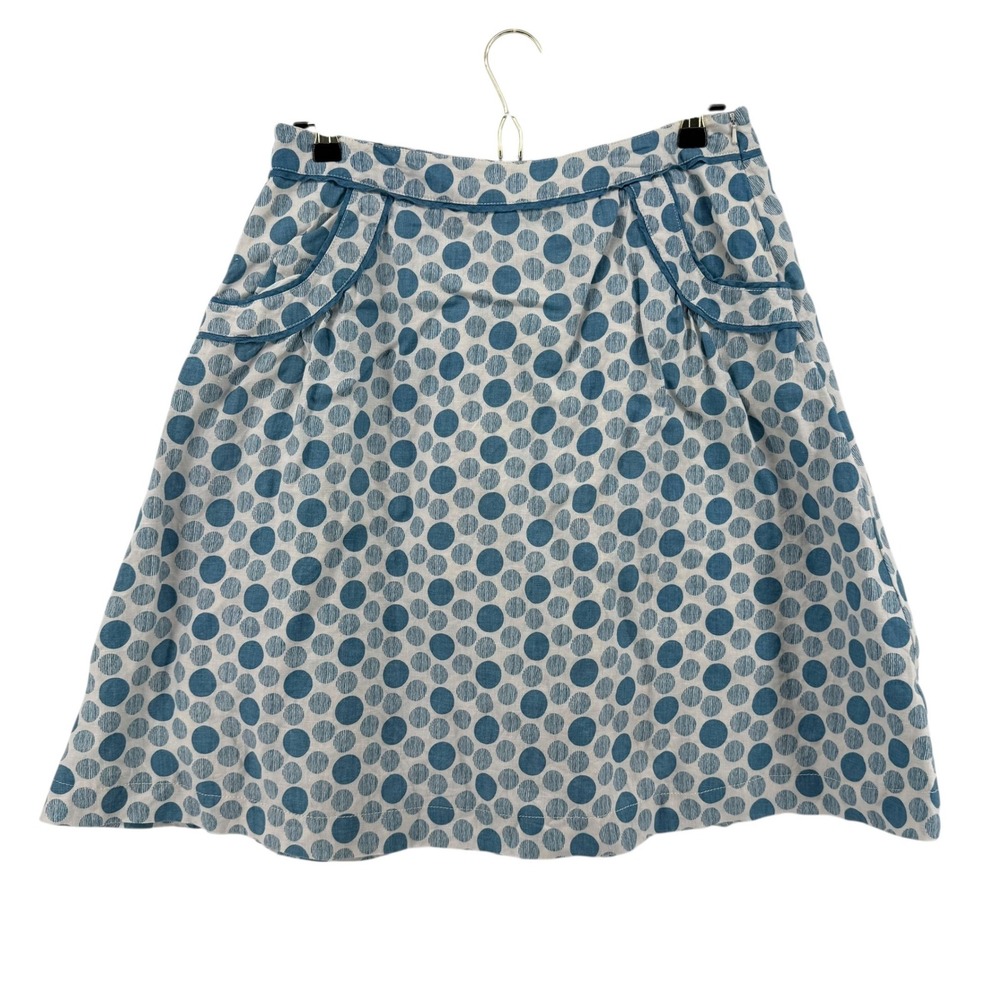 Boden Womens White and Blue Polka Dot 100% Linen A-Line Skirt Side Zip Size 12R